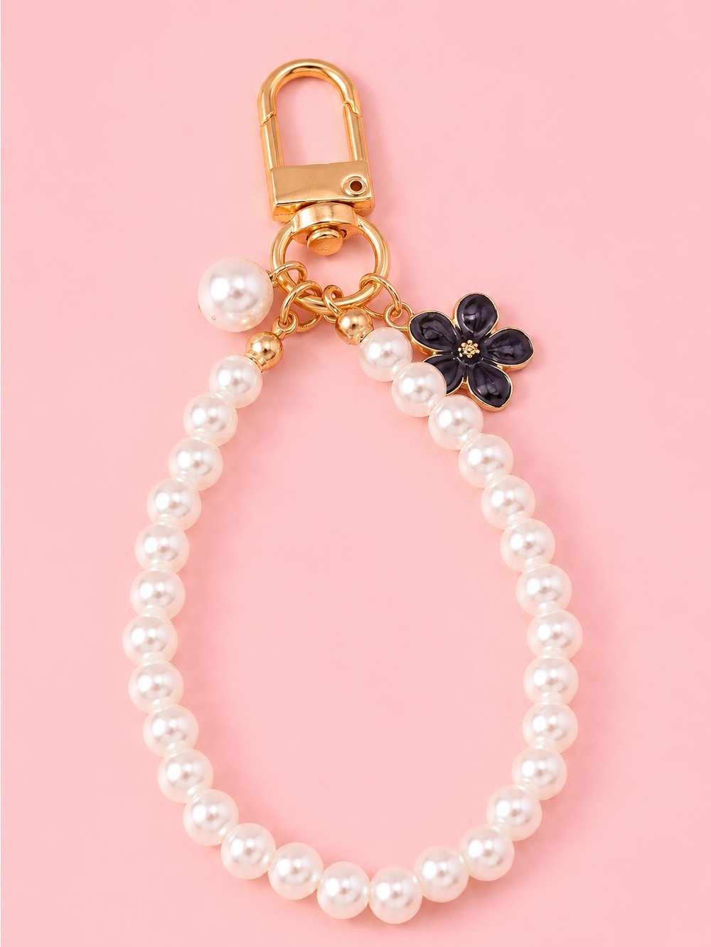 Pearl Beaded Keychain Wristlet Strap Gold Black Flower Charm